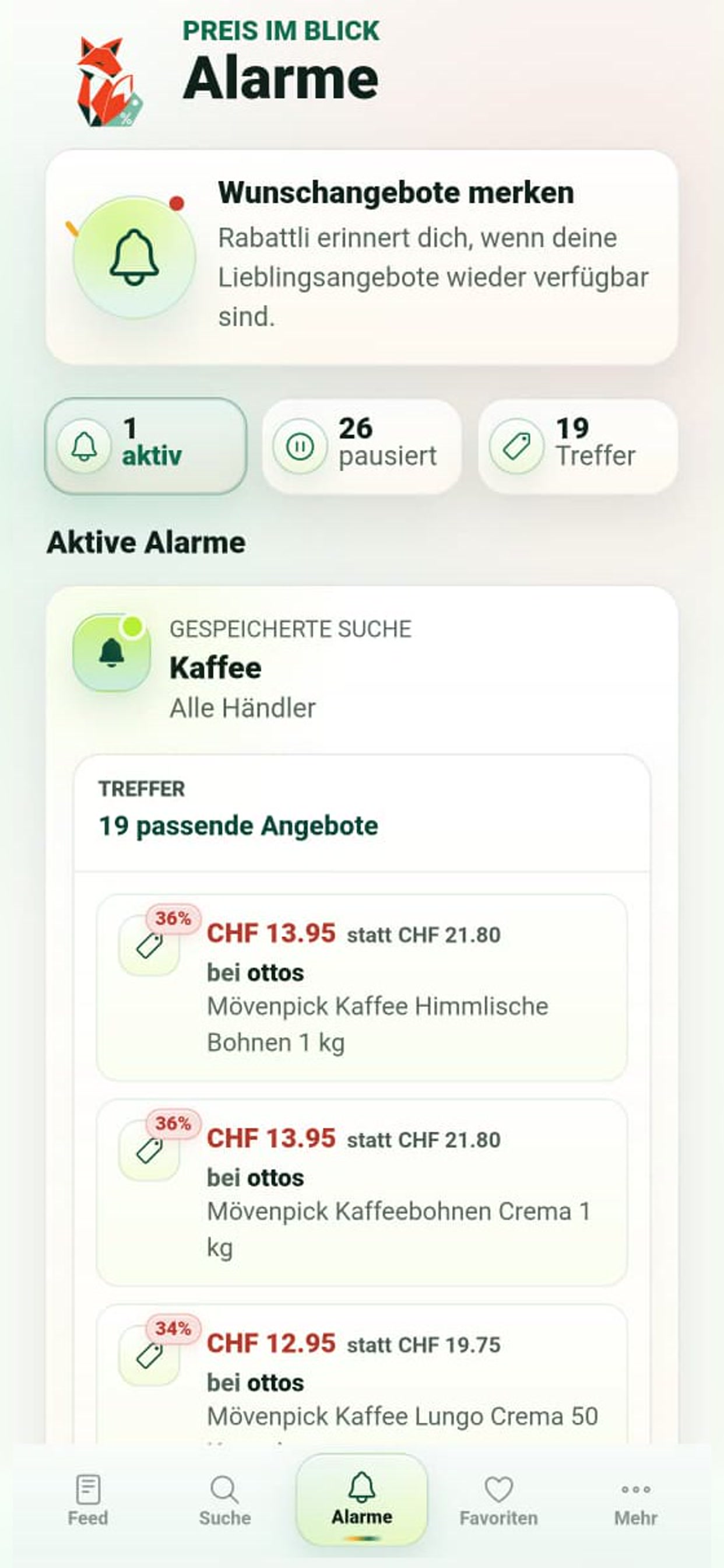 Active price alerts and matching offers in Rabattli