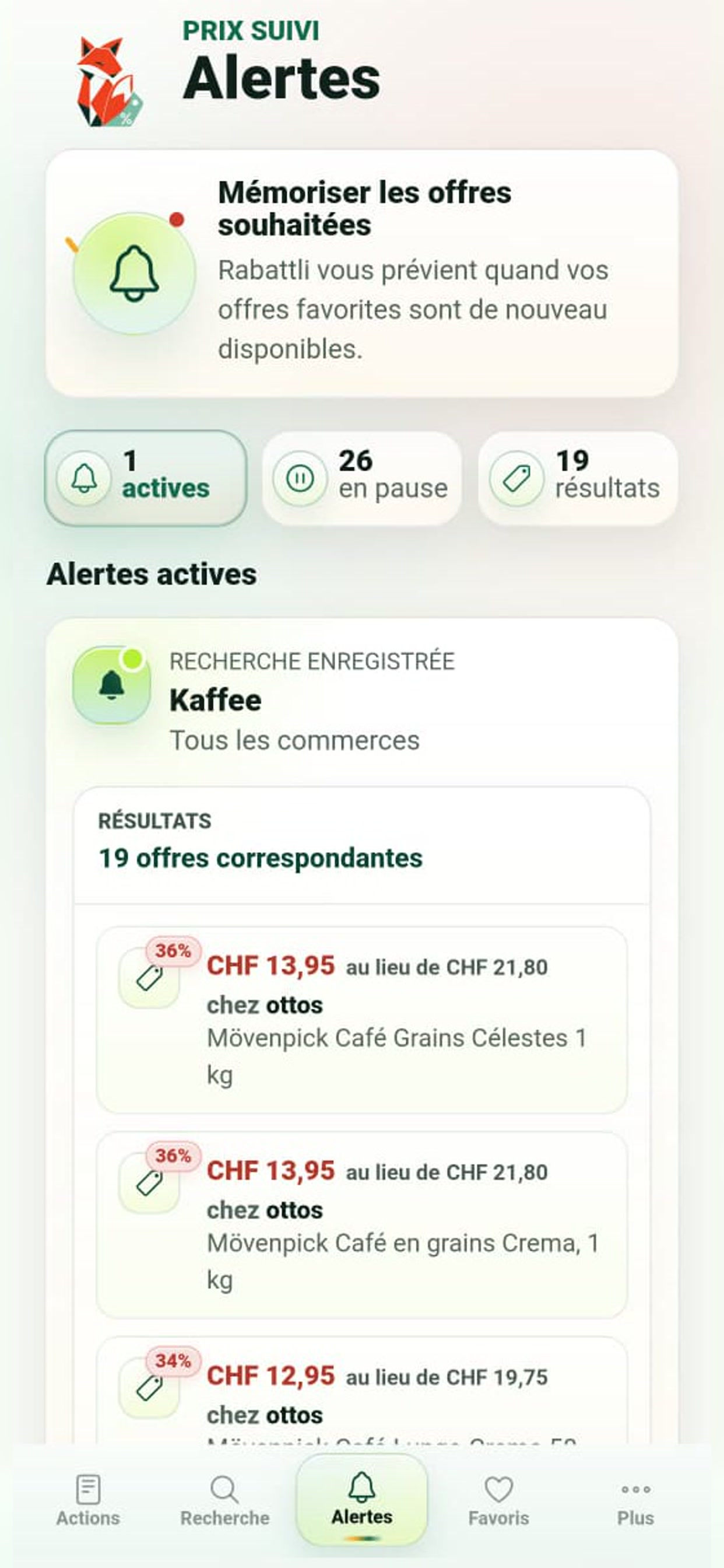 Alertes de prix actives et offres correspondantes dans Rabattli