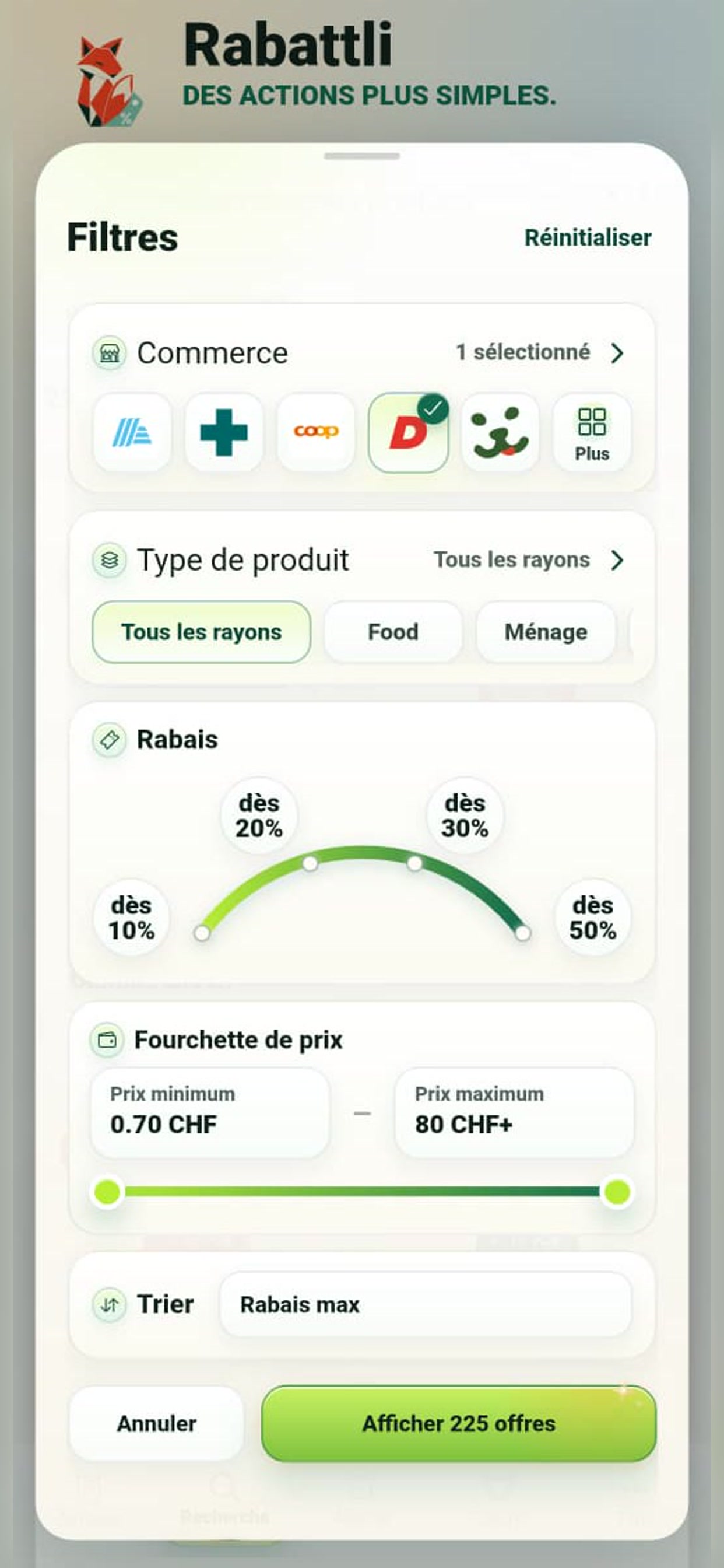 Filtres Rabattli par commerce, catégorie, rabais et prix