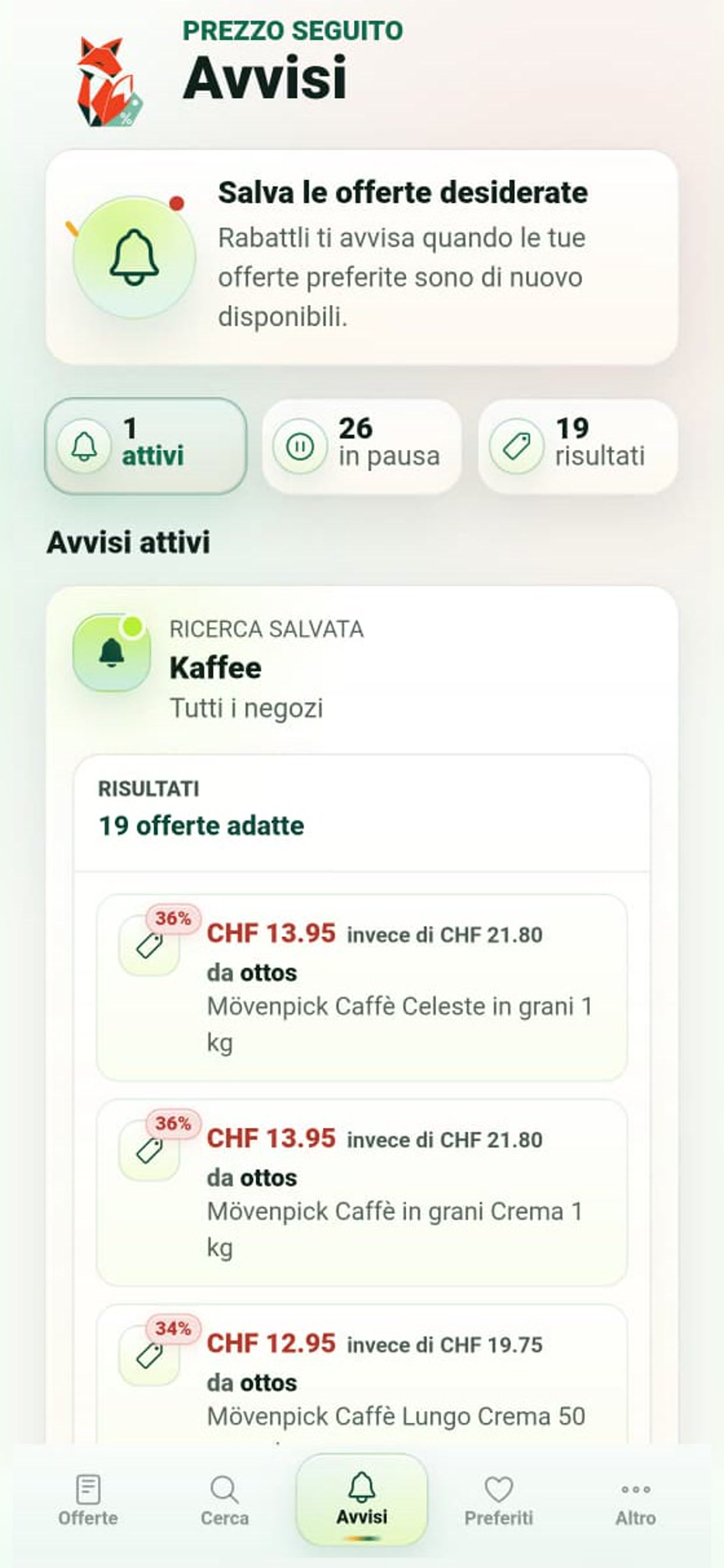 Avvisi di prezzo attivi e offerte corrispondenti in Rabattli