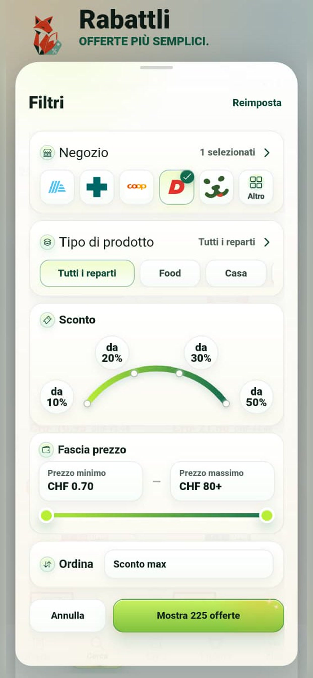 Filtri Rabattli per negozio, categoria, sconto e prezzo