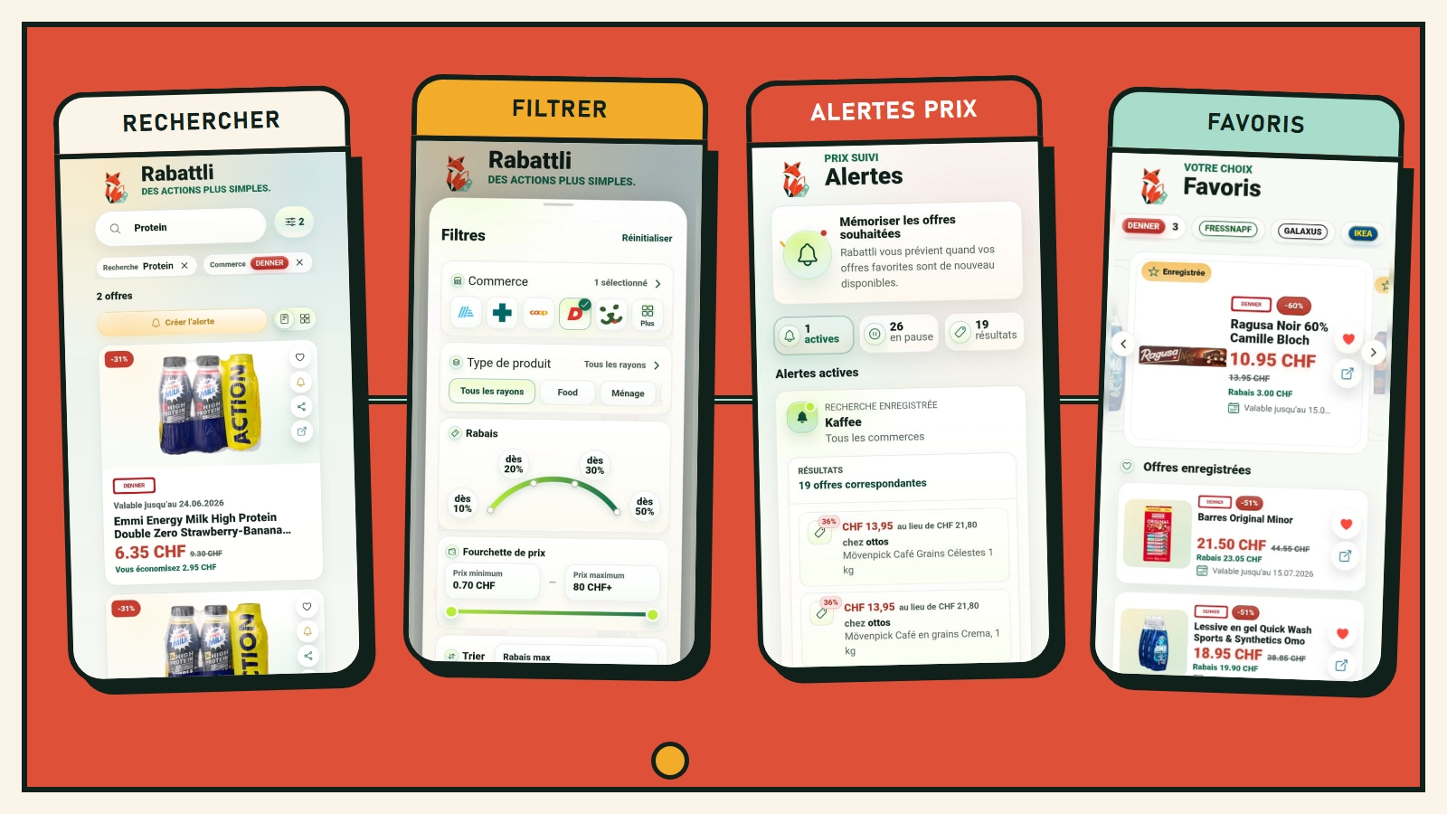 Recherche, filtres, alertes de prix et favoris Rabattli