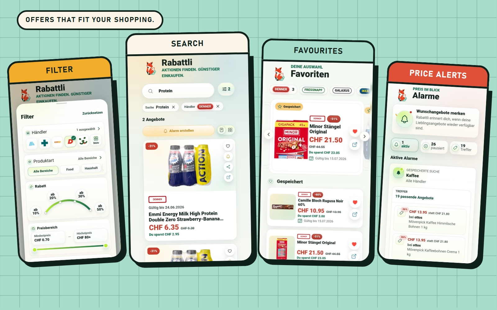 Rabattli app with search, filters, price alerts and favourites