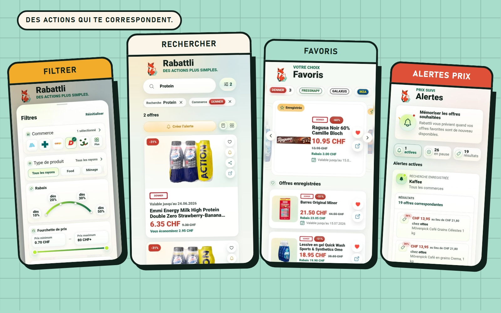 App Rabattli avec recherche, filtres, alertes de prix et favoris