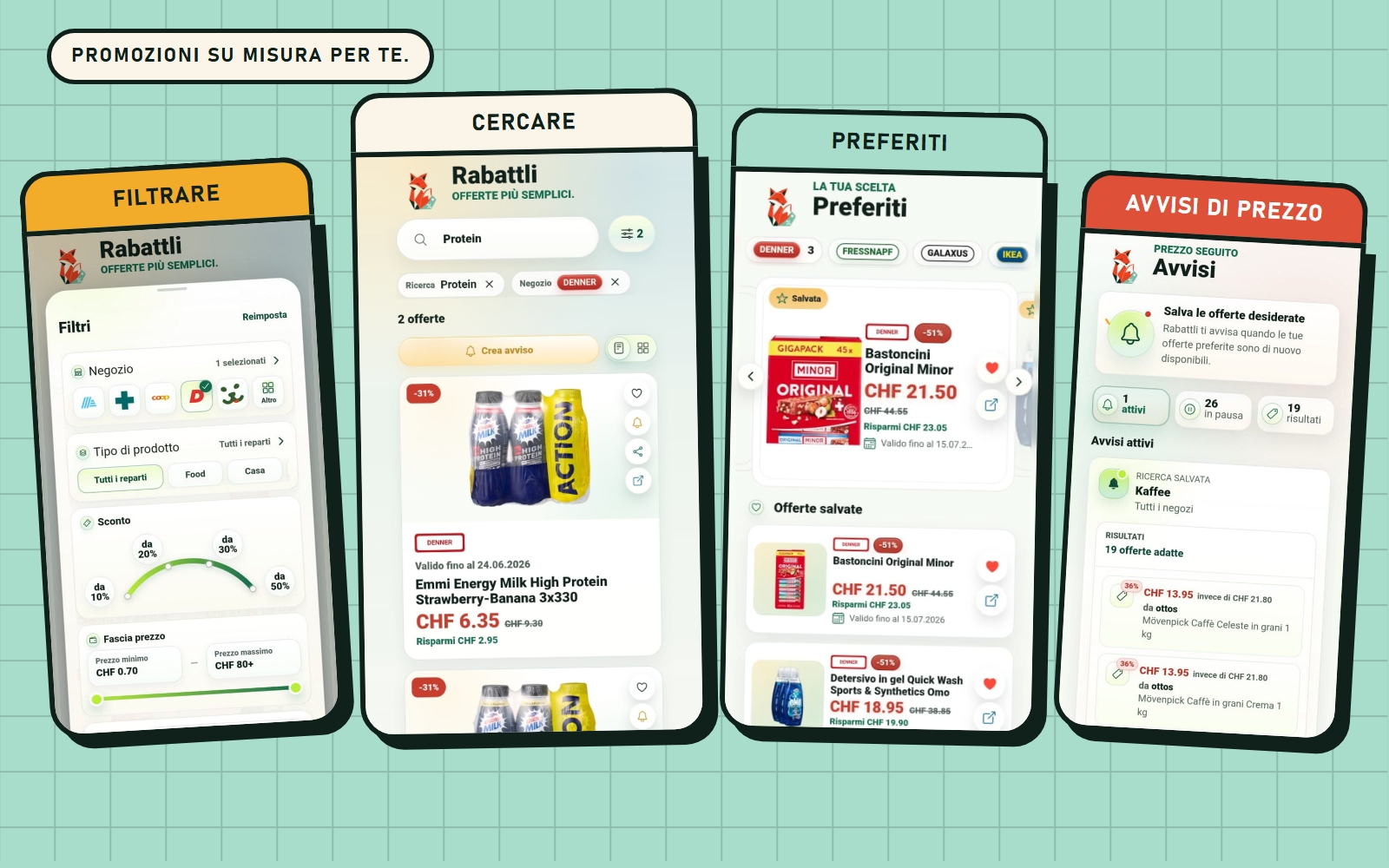 App Rabattli con ricerca, filtri, avvisi di prezzo e preferiti