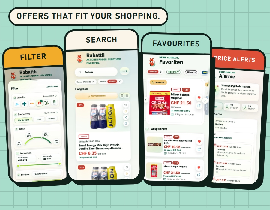 Rabattli app with search, filters, price alerts and favourites