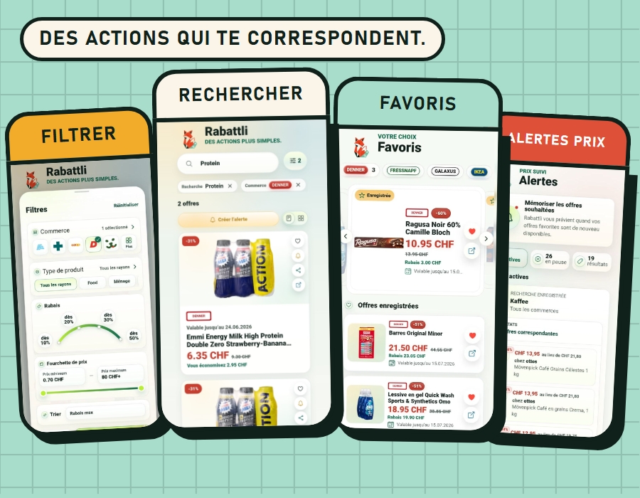 App Rabattli avec recherche, filtres, alertes de prix et favoris