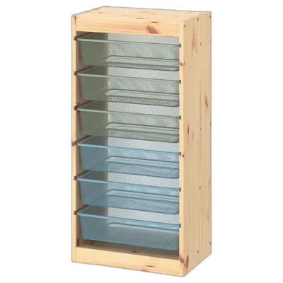 Immagine del prodotto TROFAST Combinazione con contenitori, pino con mordente bianco grigio-verde/grigio-blu, 44x30x91 cm