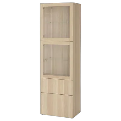 Image du produit BESTÅ Combinaison rangement ptes vitrées, effet chêne blanchi/Lappviken motif chêne blanchi verre transp, 60x42x193 cm
