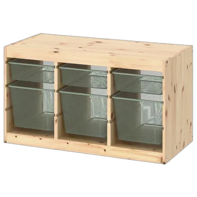 Image du produit TROFAST Combinaison structure + bacs, pin teinté blanc clair/gris vert clair, 93x44x52 cm
