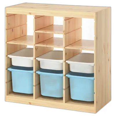 Immagine del prodotto TROFAST Combinazione di mobili, con ripiani/contenitori divisorio d'ambiente/pino con mordente bianco azzurro, 93x44x91 cm