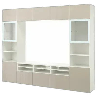 Image du produit BESTÅ Rangement TV/vitrines, blanc/Selsviken brillant/beige verre transparent, 300x42x231 cm