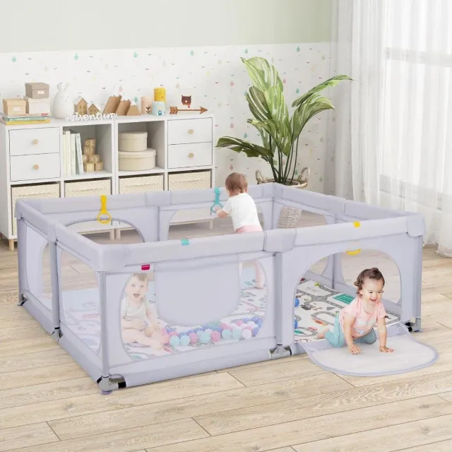 Immagine del prodotto Northix Box per bambini con materasso e 50 palline da gioco, 4 anelli di chiusura e 4 porte con cerniera grigio chiaro