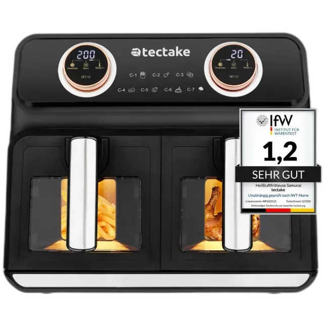Immagine del prodotto Tectake Heißluftfritteuse Samurai 2 Garräume, je 4 l, 2400 W LED-Touchscreen und 2 Drehknöpfe mit 7 Programmen