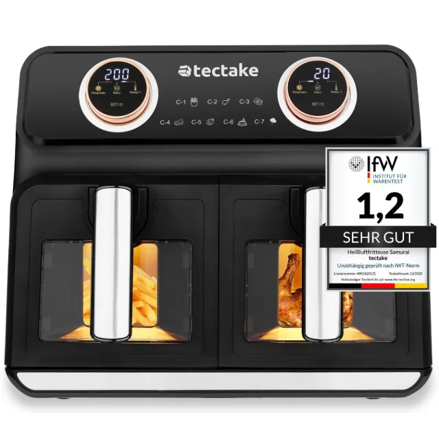 Produktbild zu Tectake Heißluftfritteuse Samurai 2 Garräume, je 4 l, 2400 W LED-Touchscreen und 2 Drehknöpfe mit 7 Programmen