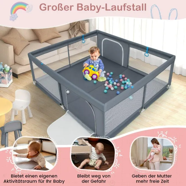 Image du produit Northix Parc bébé 200 x 180 cm avec 50 balles océaniques, 4 poignées et porte, barrière rampante grise