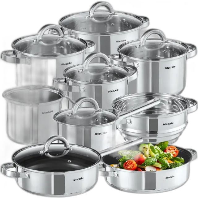 Image du produit Tectake Batterie de cuisine TURIN 15 pièces en acier inoxydable compatible induction
