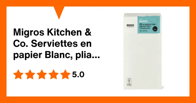 Image du produit Migros Kitchen & Co. Serviettes en papier Blanc, pliage 1/8, 33 x 33 cm
