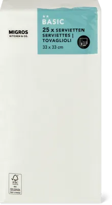 Immagine del prodotto Migros Kitchen & Co. Tovaglioli di carta Bianco, piegati 1/8, 33 x 33 cm