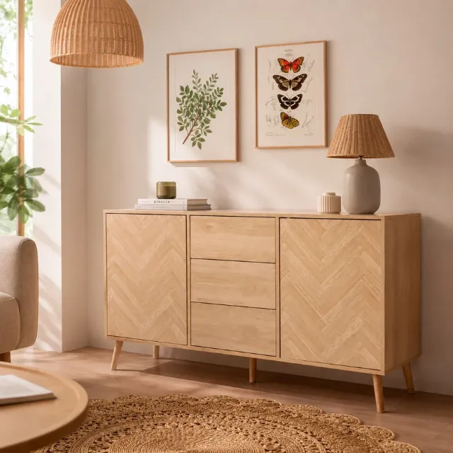 Produktbild zu Kommode Shelby MDF Parkett-Optik, 140 x 80 x 40 cm