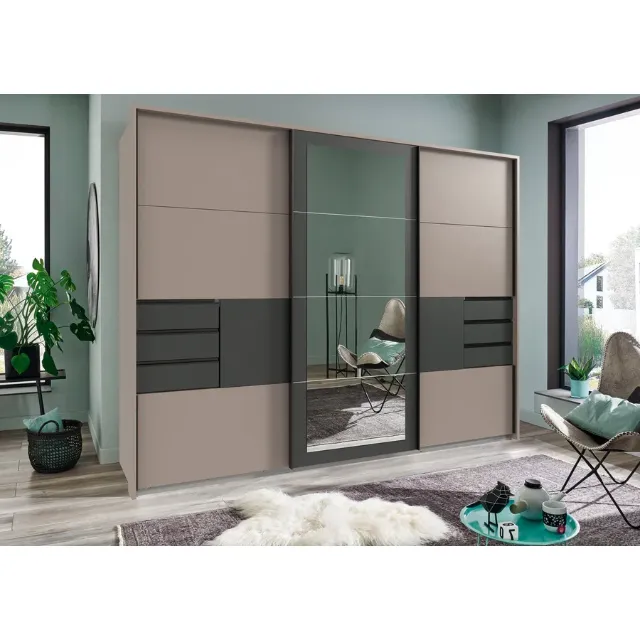 Immagine del prodotto Armadio con ante scorrevoli Luzern, finitura grigio Sahara, 270 x 213 x 64 cm, con specchio + cornice