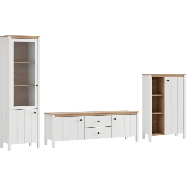Image du produit Meuble mural Bedford en MDF blanc mat / chêne Artisan, 3 éléments, 310 x 191 x 40 cm