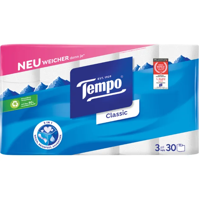 Immagine del prodotto Tempo Carta igienica 3 veli bianca, 30 pezzi