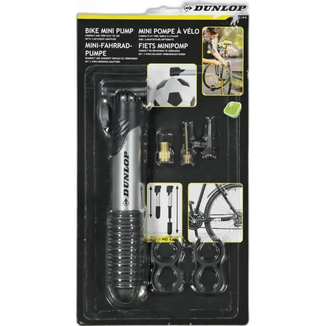 Image du produit Pompe à vélo + ballon Dunlop, 3 adaptateurs