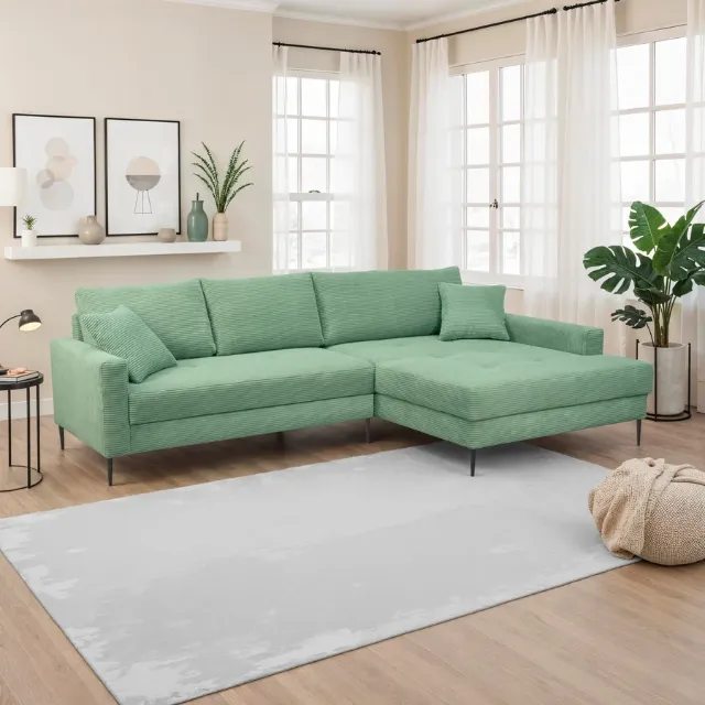 Immagine del prodotto Divano ad angolo Mason in tessuto corduroy color pistacchio, con chaise longue a destra